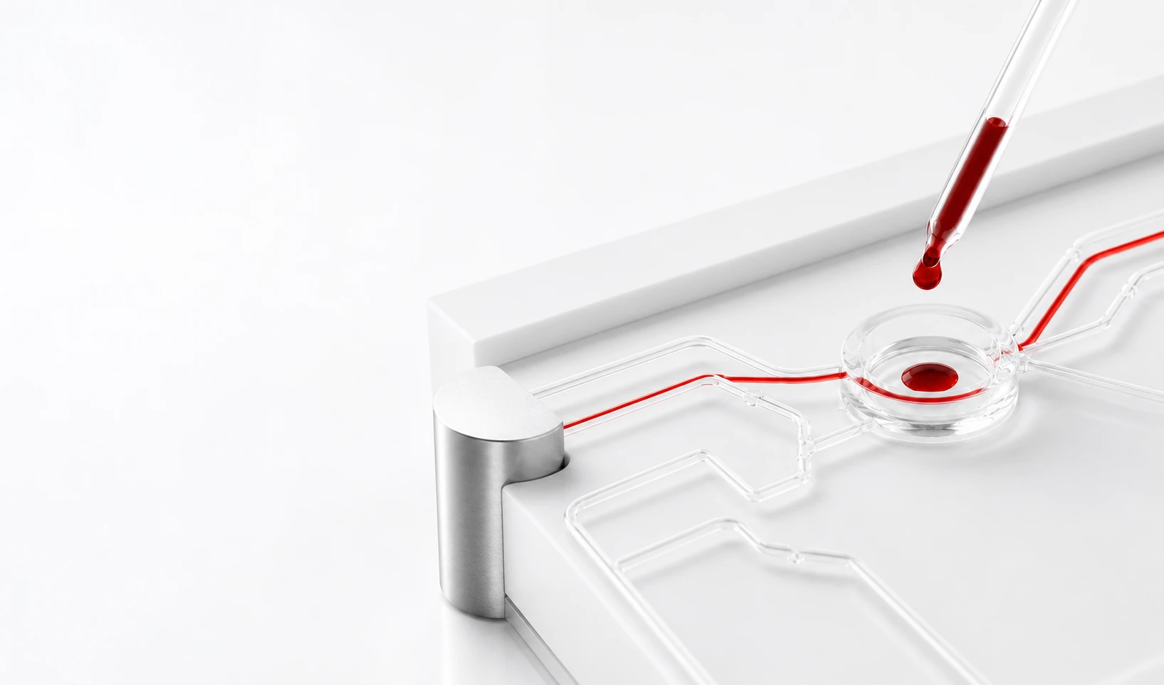 Mikrofluidik-Platte aus klarem Acryl, eine Pipette setzt einen roten Tropfen in die Reaktionskammer, von der eine rote Bahn wegführt