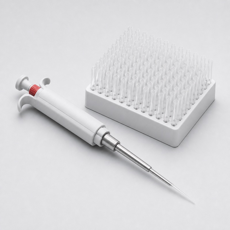 Laborpipette neben einem Ständer mit Pipettenspitzen