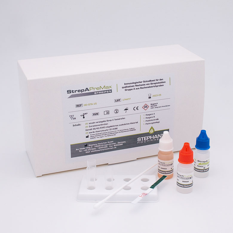 Verpackung des PreMax Strep A Streifentests mit Teststreifen, Abstrichtupfer und drei Reagenzflaschen
