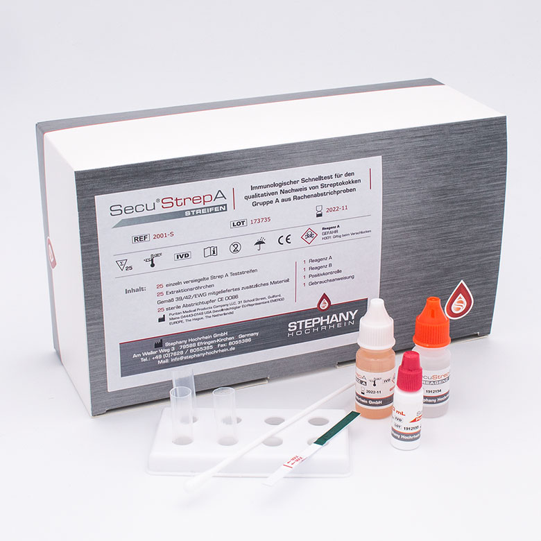 Verpackung des SECU Strep A Streifentests mit Teststreifen, Abstrichtupfer, Reagenzflaschen und Reagenzienhalter