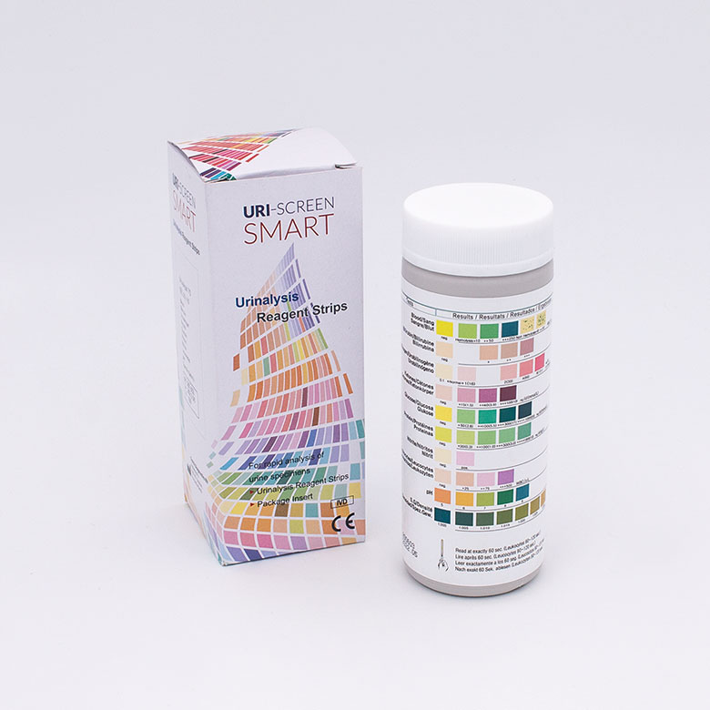 Faltschachtel und Streifendose der URI-SCREEN SMART Urinanalysestreifen mit aufgedruckter Farbskala